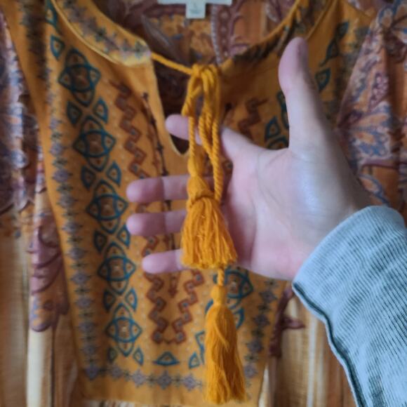 Festival Hippie 70s Velvet Bib Top Blouse Large Yarn Tassel Bell Sleeves Boho - Picture 5 of 11